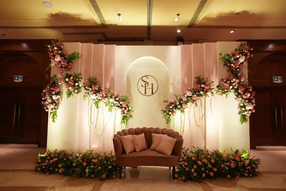Wedding floral backdrop with STH monogram by Shivam Tent House in Gurgaon